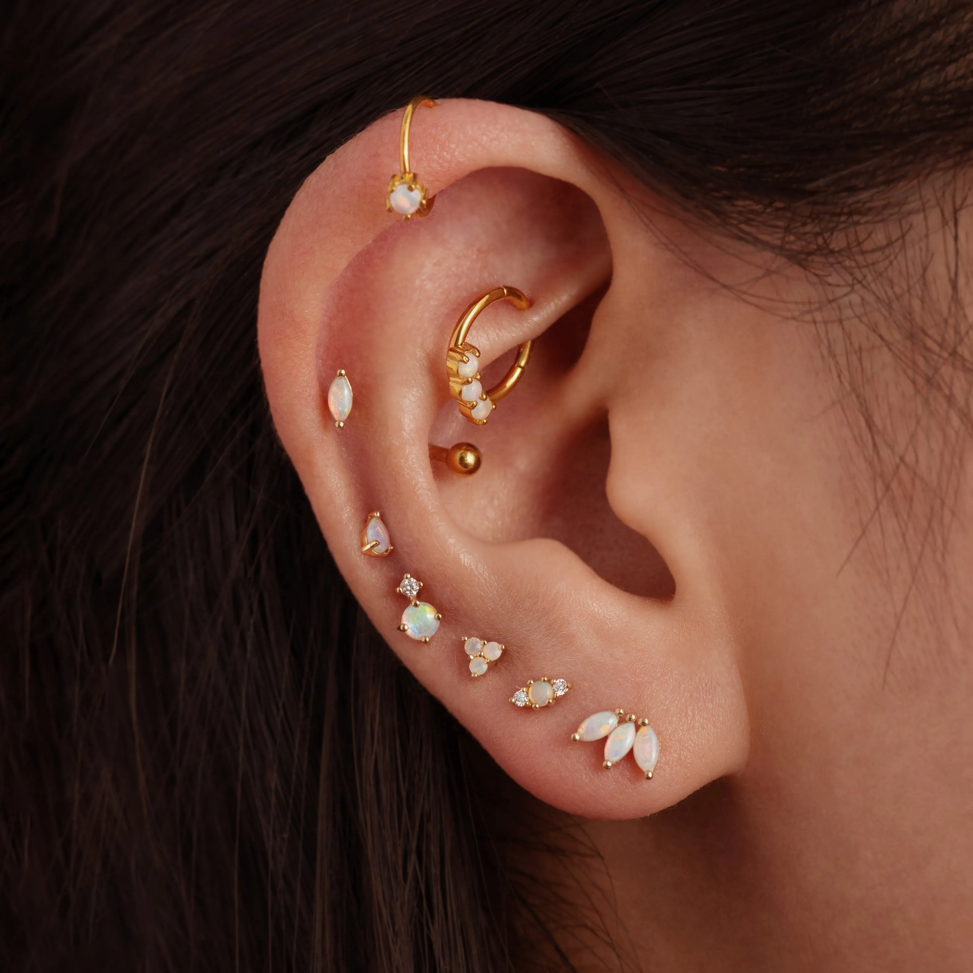 14K Solid Gold Opal Diamond Marquise Threaded Labret Earring