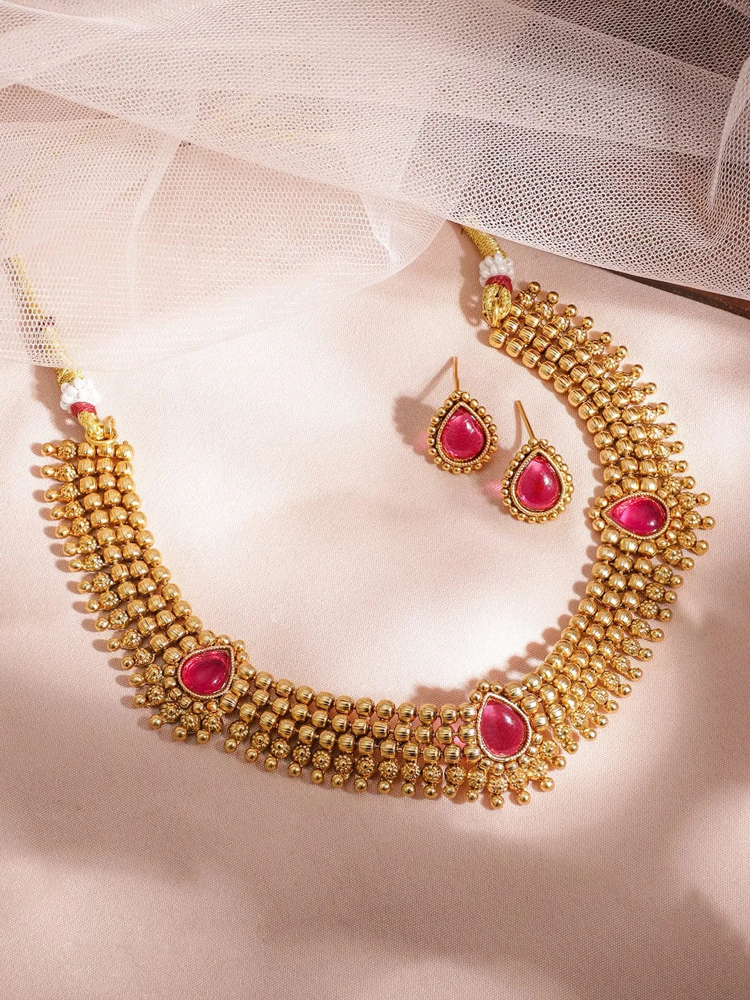 22KT Gold Plated Brass Red Stone Studded Necklace Set