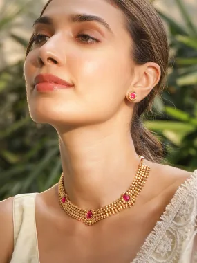 22KT Gold Plated Brass Red Stone Studded Necklace Set