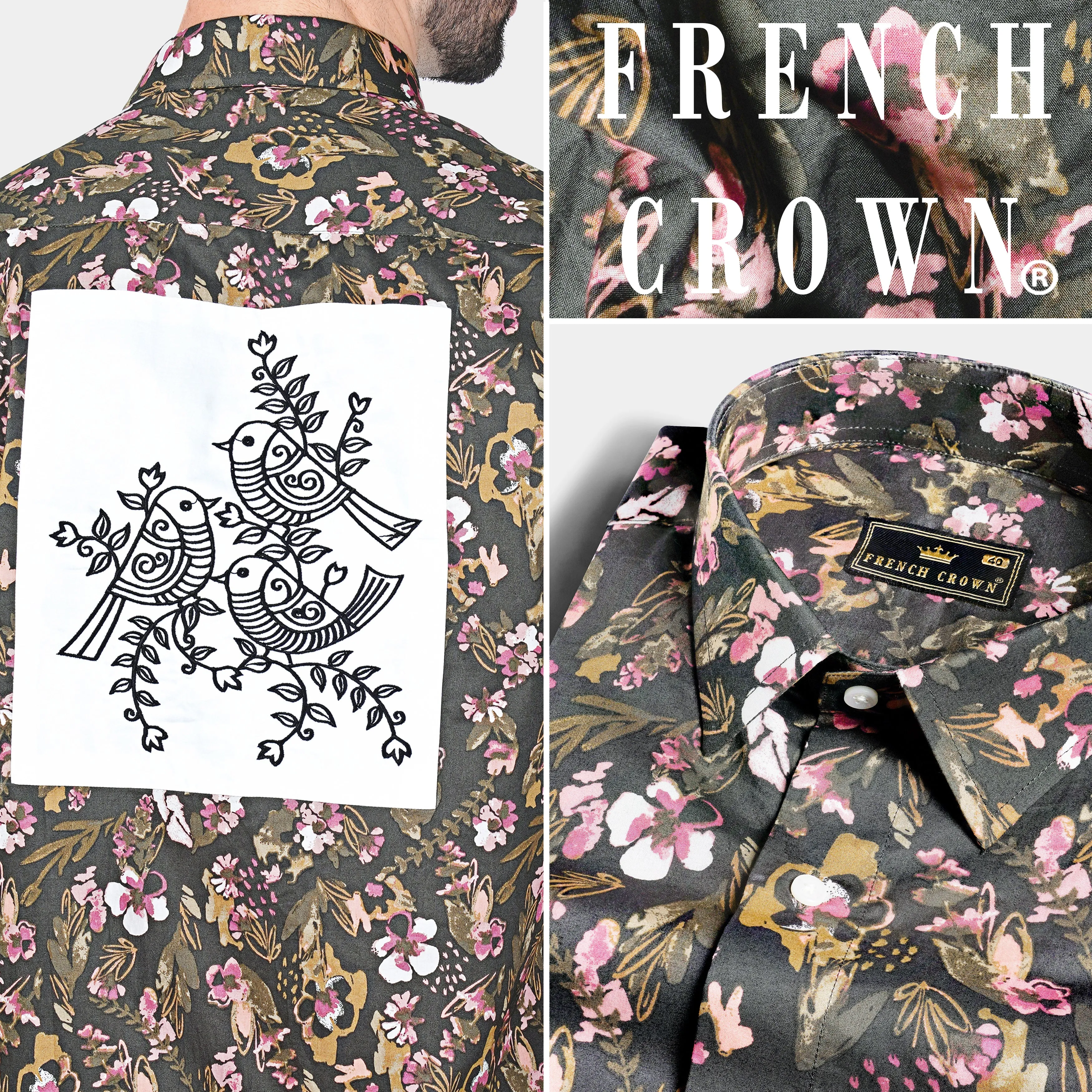 Abbey Gray and Fuscous Green Floral Printed With Patchwork Premium Cotton Designer Shirt