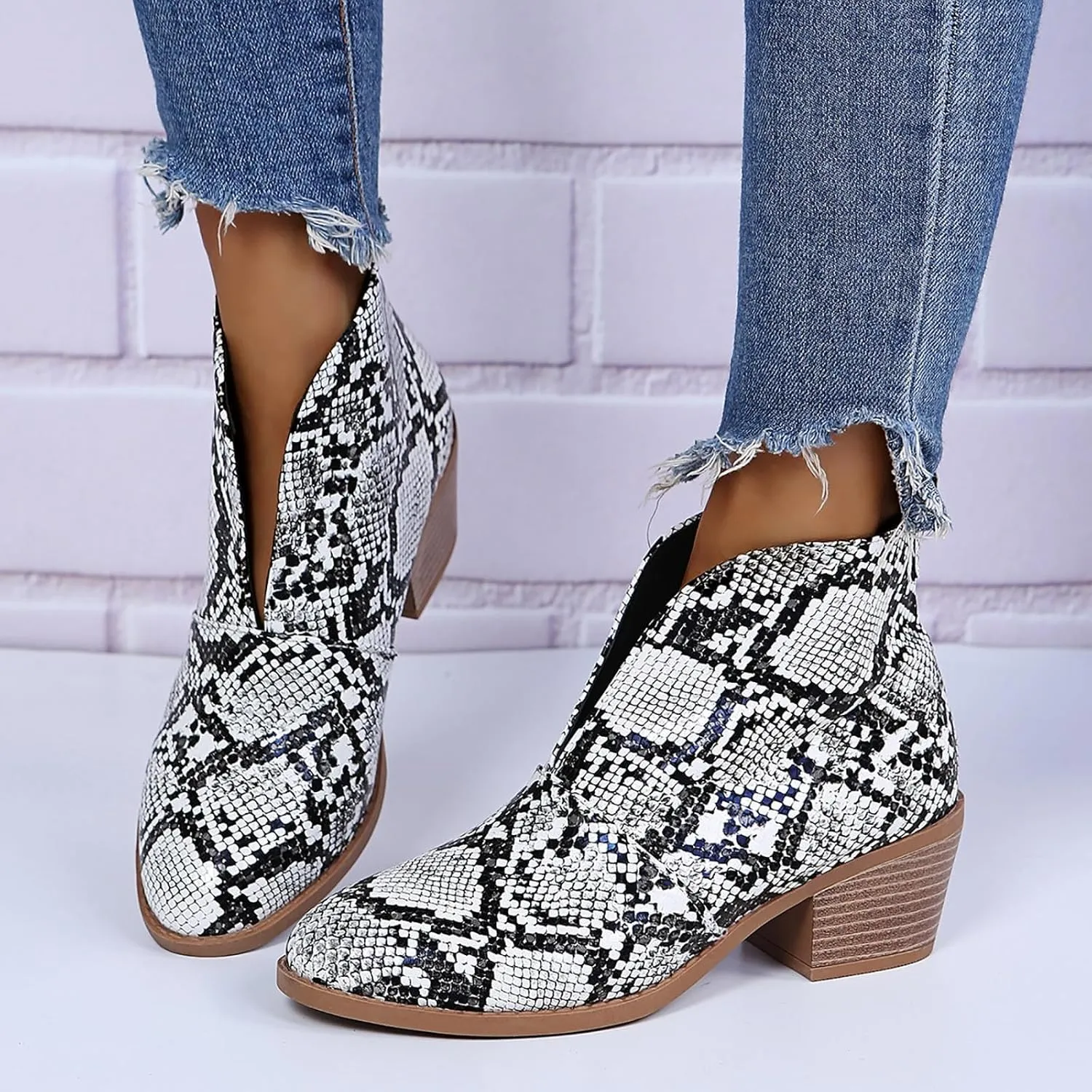 AMDBEL Fall Boots for Women 2024, Women's Ankle Boots Casual V Cut Slip On Chunky Heel Short Fall Winter Bootie Shoes