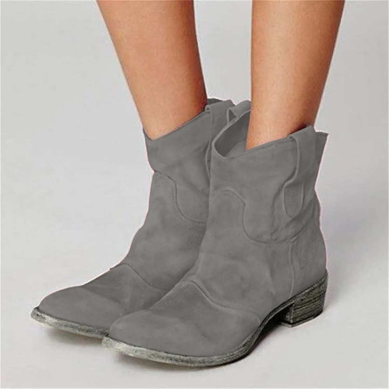 Ankle Boots for Women Fall Fashion Suede Low Heels Cowboy Boots Chunky Stacked Dress Slip On Pointed Toe Vintage Retro Shoes