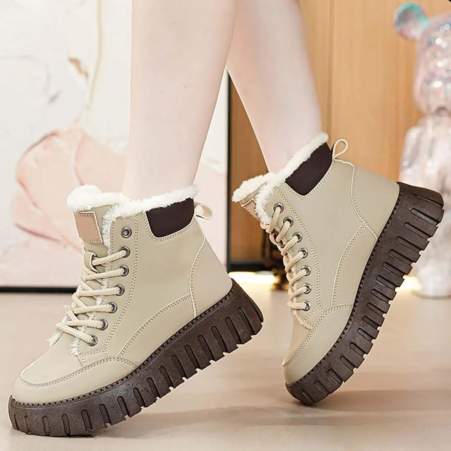 Ankle Boots for Women Low Heel Plush Lined Platform Shoes Lace Up Winter Boots for Women Non Slip Walking Boots