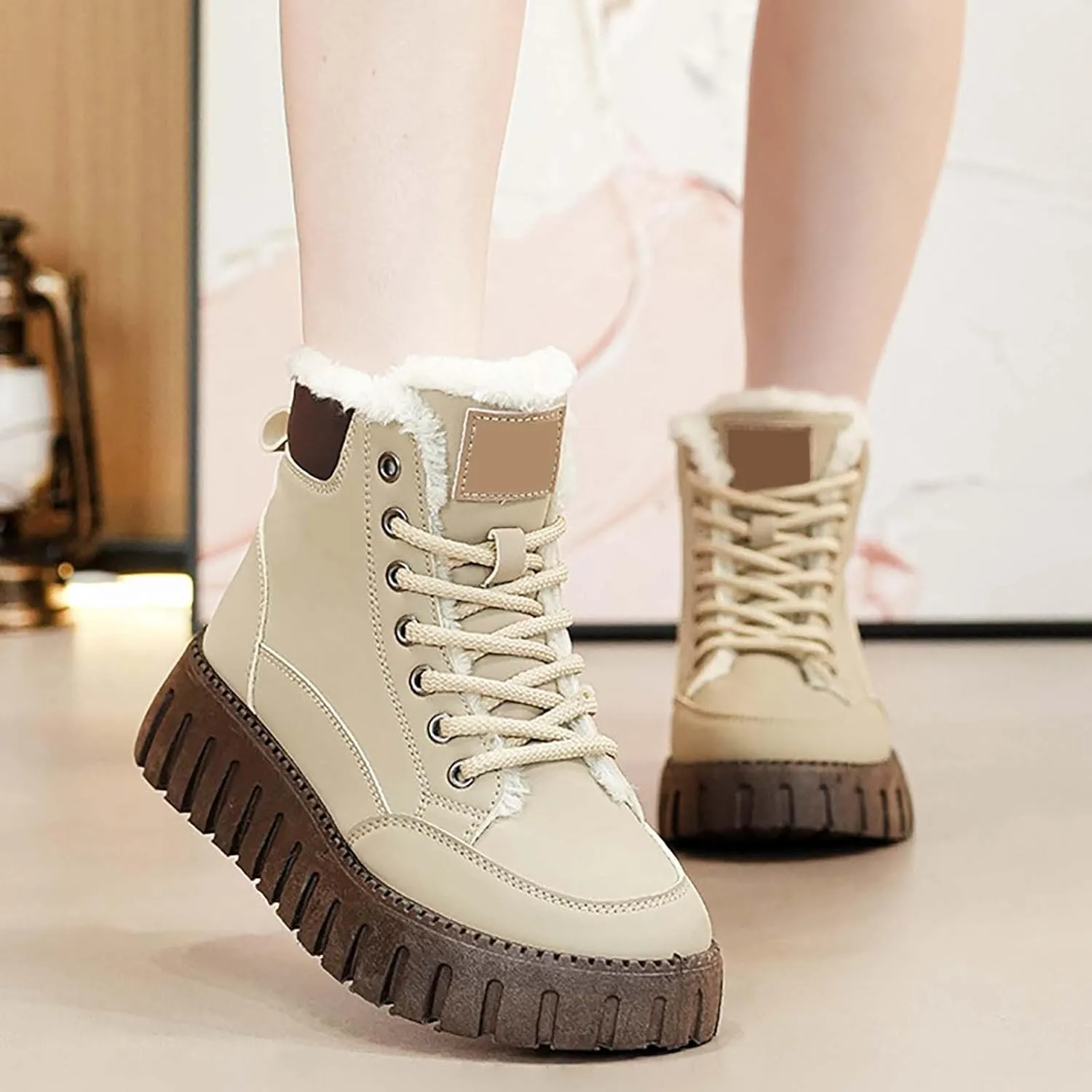Ankle Boots for Women Low Heel Plush Lined Platform Shoes Lace Up Winter Boots for Women Non Slip Walking Boots