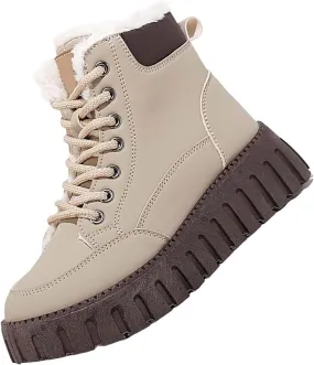Ankle Boots for Women Low Heel Plush Lined Platform Shoes Lace Up Winter Boots for Women Non Slip Walking Boots