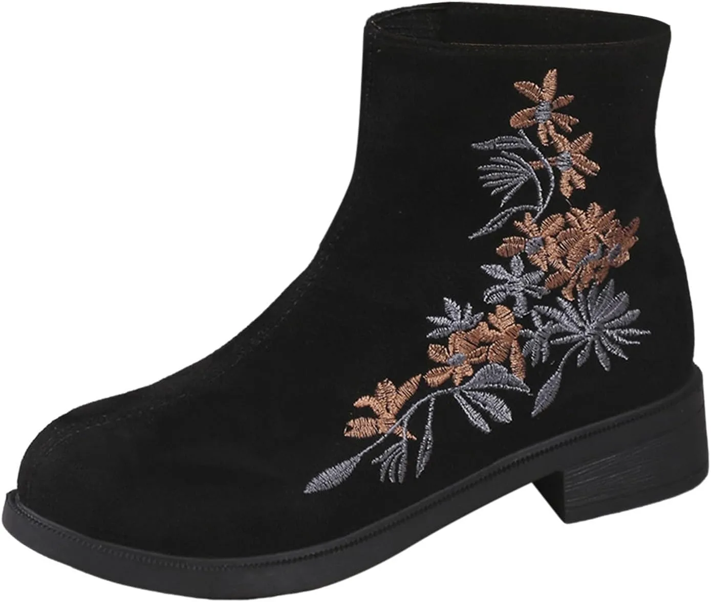 Ankle Boots for Women Low Heel Short Fall Booties Round Toe Chunky Heel Side Zipper Booties Retro Flower Embroidered Western Boot Comfortable Slip On Booties Casual Fashion Party Shoes