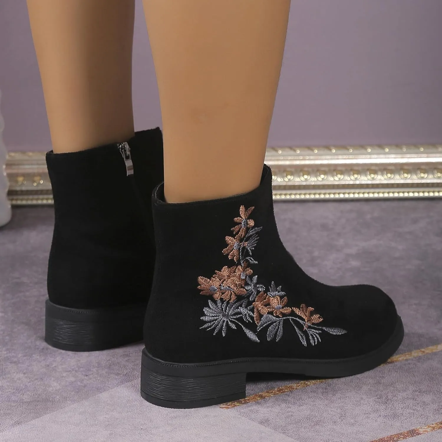 Ankle Boots for Women Low Heel Short Fall Booties Round Toe Chunky Heel Side Zipper Booties Retro Flower Embroidered Western Boot Comfortable Slip On Booties Casual Fashion Party Shoes