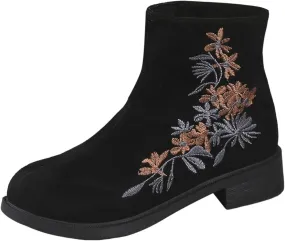 Ankle Boots for Women Low Heel Short Fall Booties Round Toe Chunky Heel Side Zipper Booties Retro Flower Embroidered Western Boot Comfortable Slip On Booties Casual Fashion Party Shoes