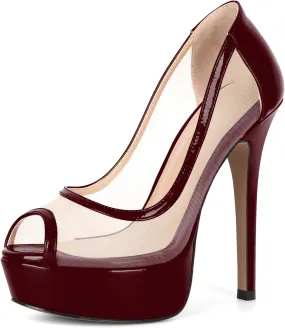 AUMOTED Women's Mesh Peep Toe Platform Pumps Slip On Sexy Stiletto High Heels