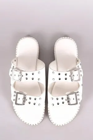 Bamboo Studded Buckled Double Band Flat Sandal