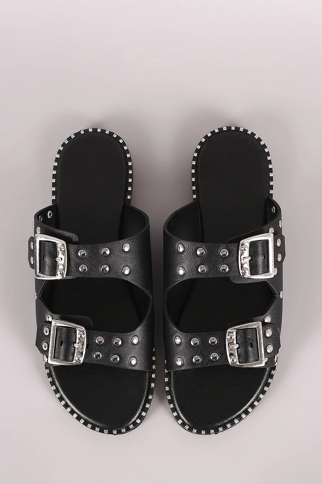Bamboo Studded Buckled Double Band Flat Sandal