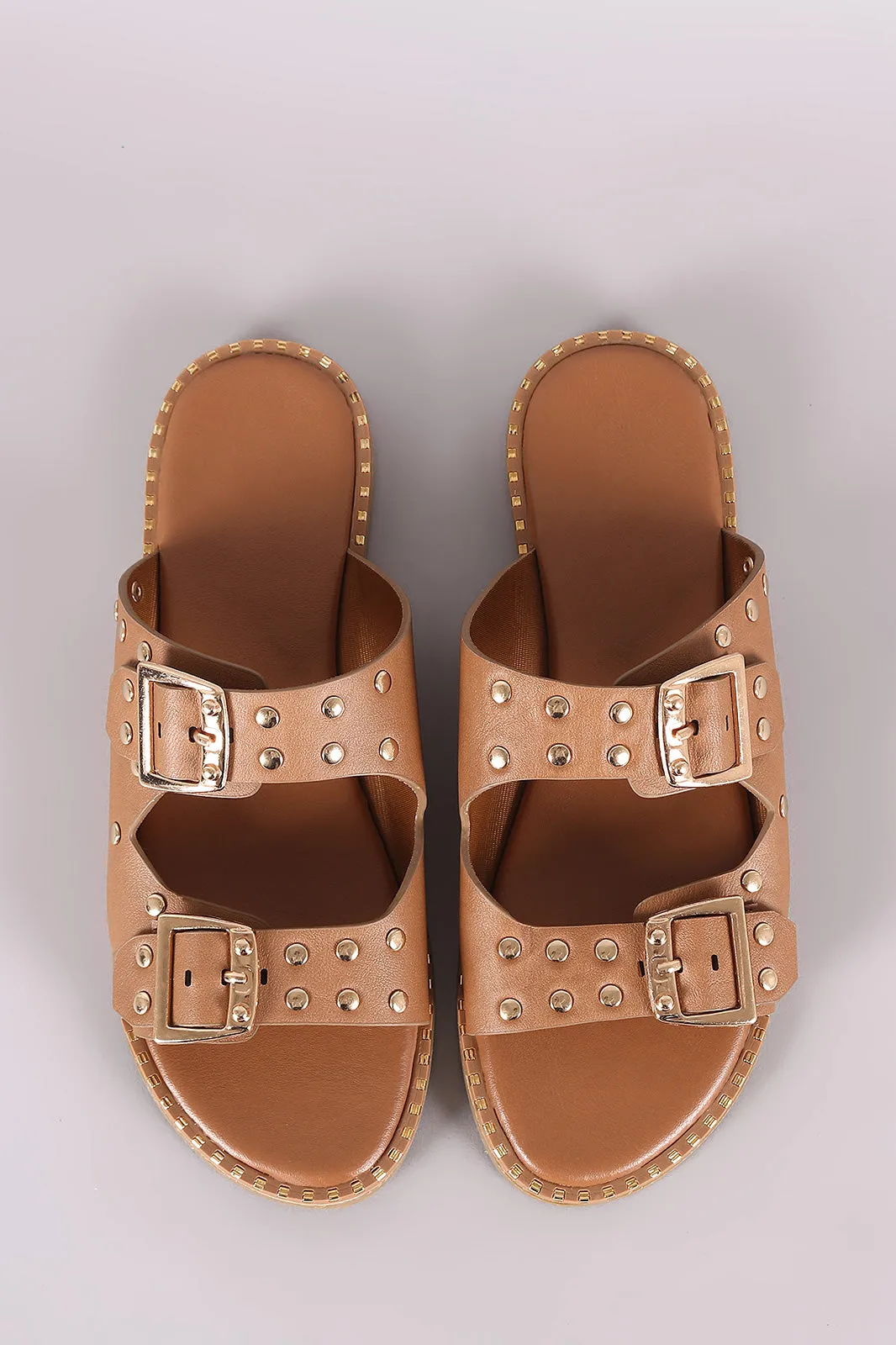 Bamboo Studded Buckled Double Band Flat Sandal
