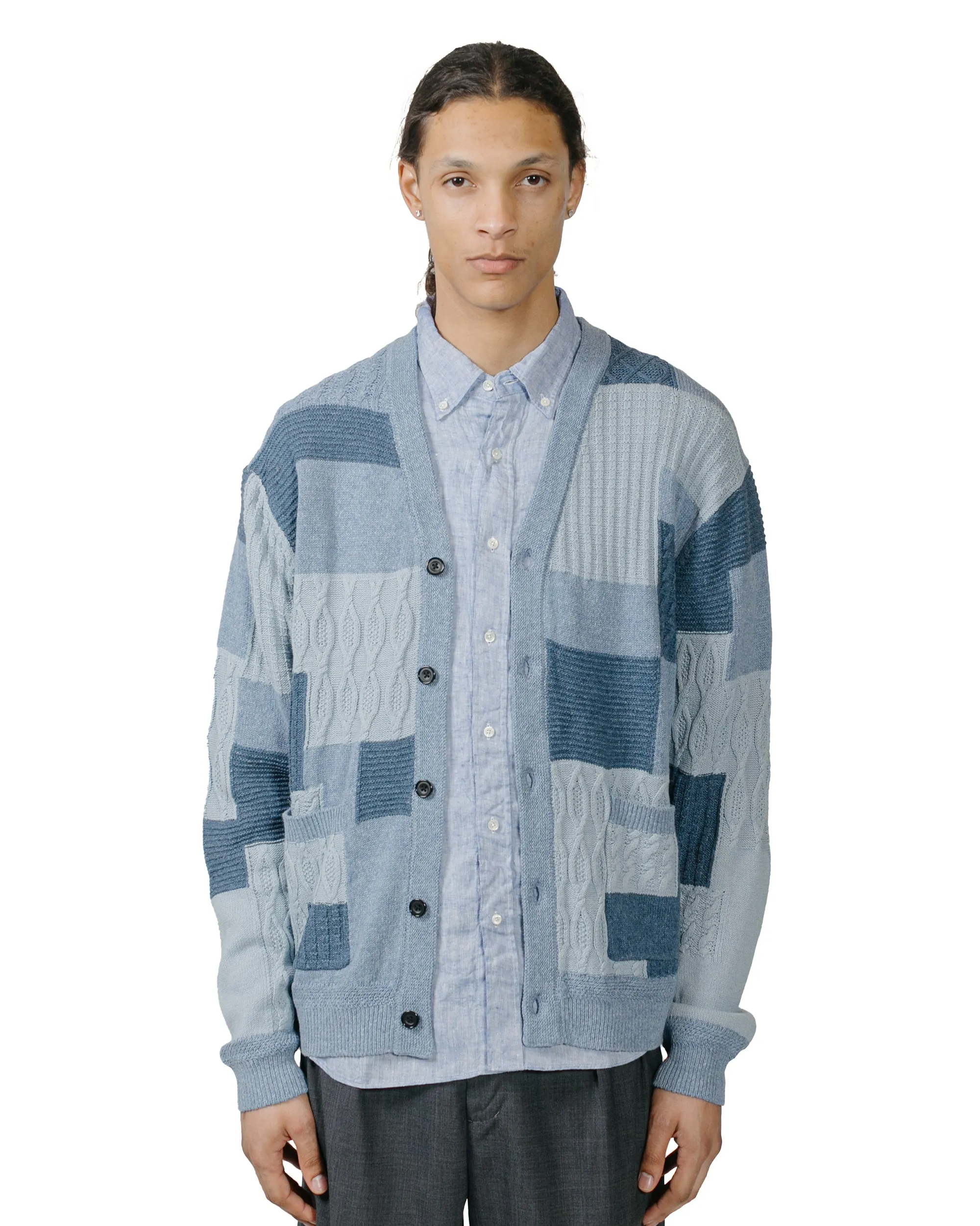 Beams Plus Cardigan Patchwork Like Jacquard Blue