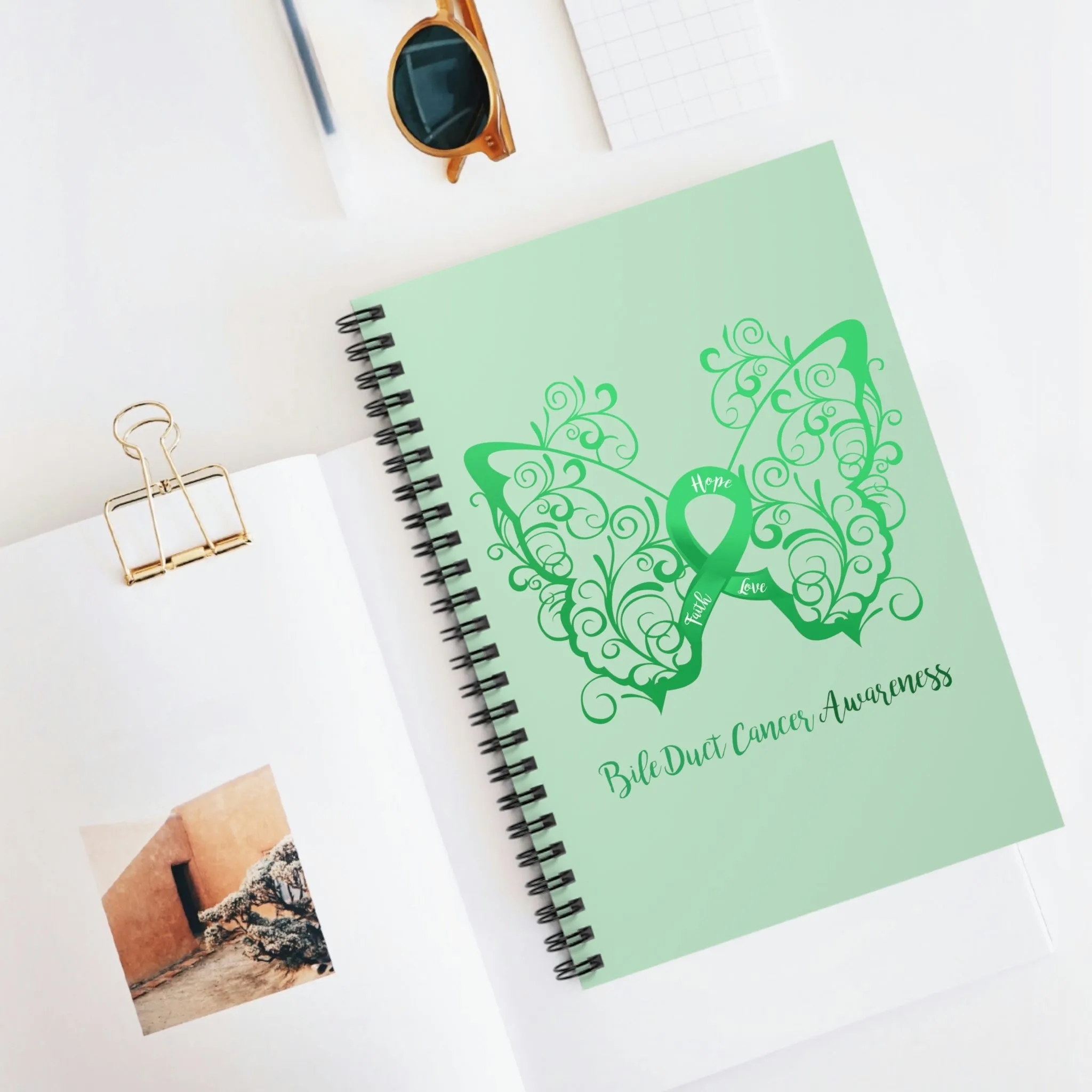 Bile Duct Cancer Awareness Filigree Butterfly "Light Green" Spiral Journal - Ruled Line