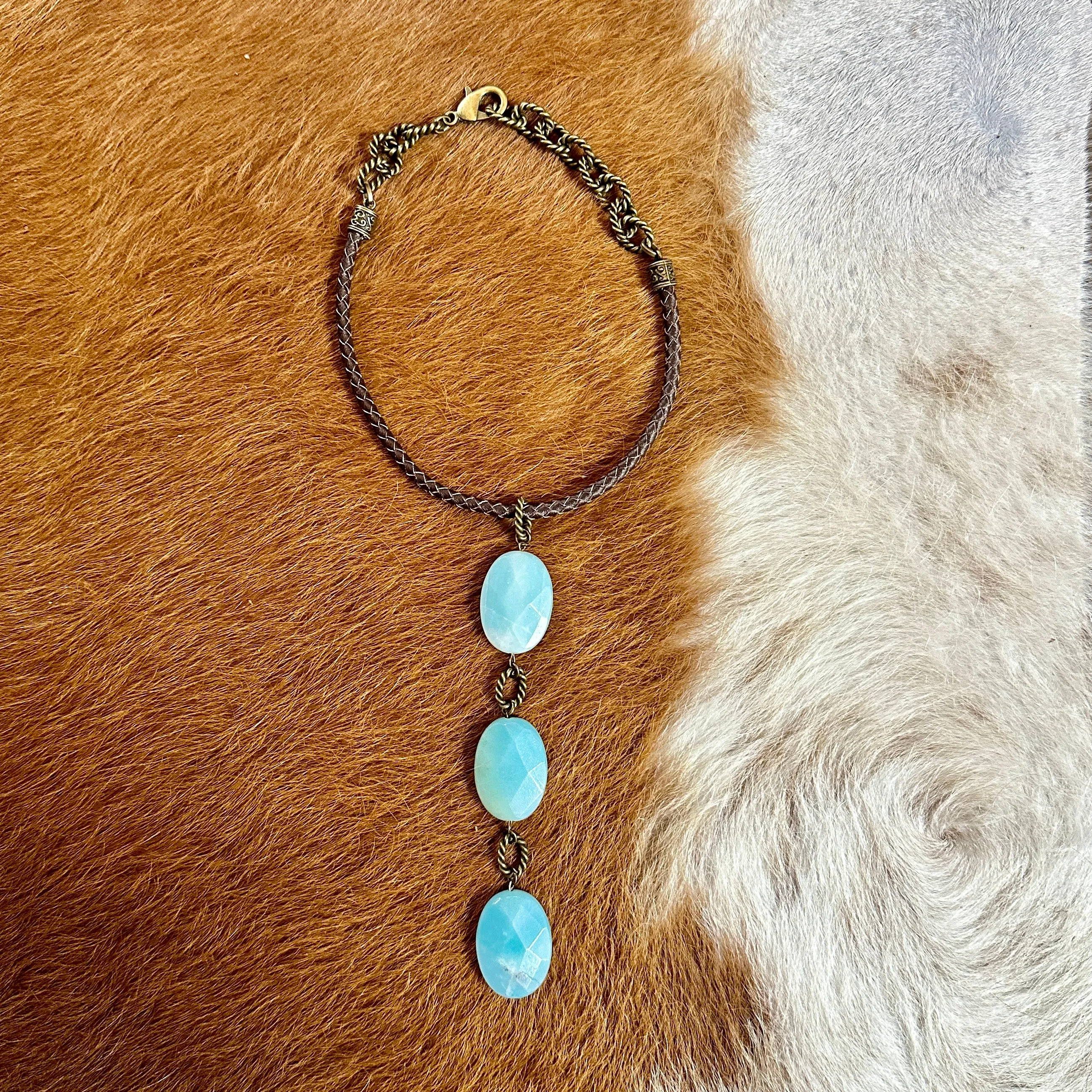 Blue Stones on Braided Leather Necklace- Amy Kaplan for Bourbon Cowgirl