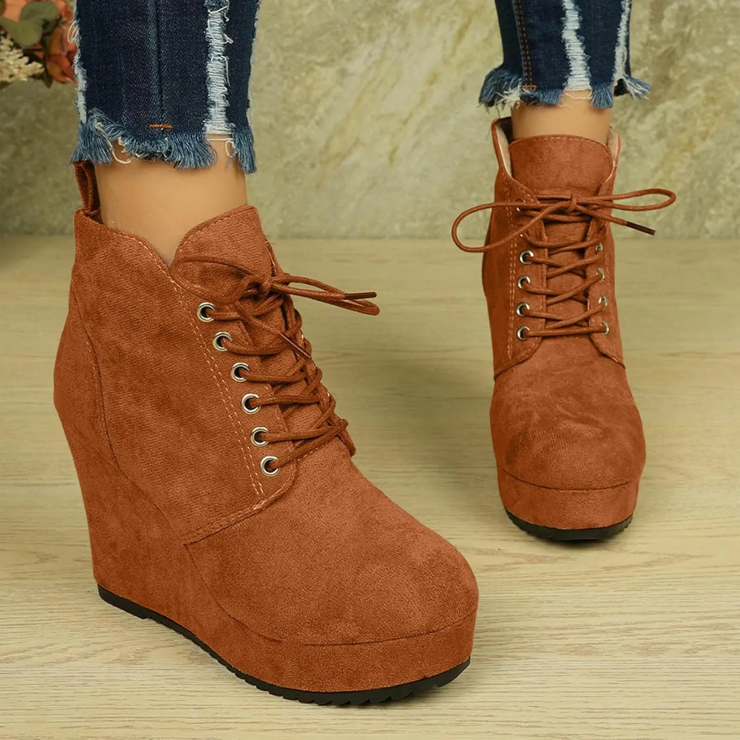 Boots for Women Fashion Suede Lace up Non-Slip Wedge Booties High Heel Chunky Thick Round Toe Chelsea Ankle Combat Booties