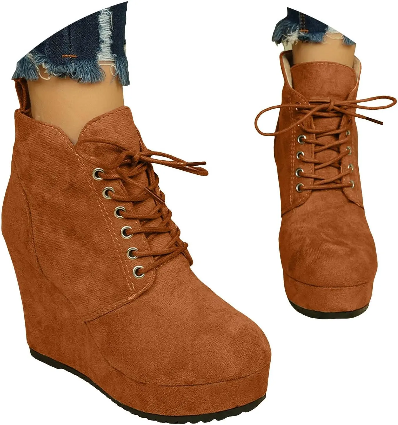 Boots for Women Fashion Suede Lace up Non-Slip Wedge Booties High Heel Chunky Thick Round Toe Chelsea Ankle Combat Booties