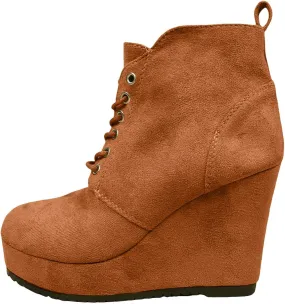 Boots for Women Fashion Suede Lace up Non-Slip Wedge Booties High Heel Chunky Thick Round Toe Chelsea Ankle Combat Booties
