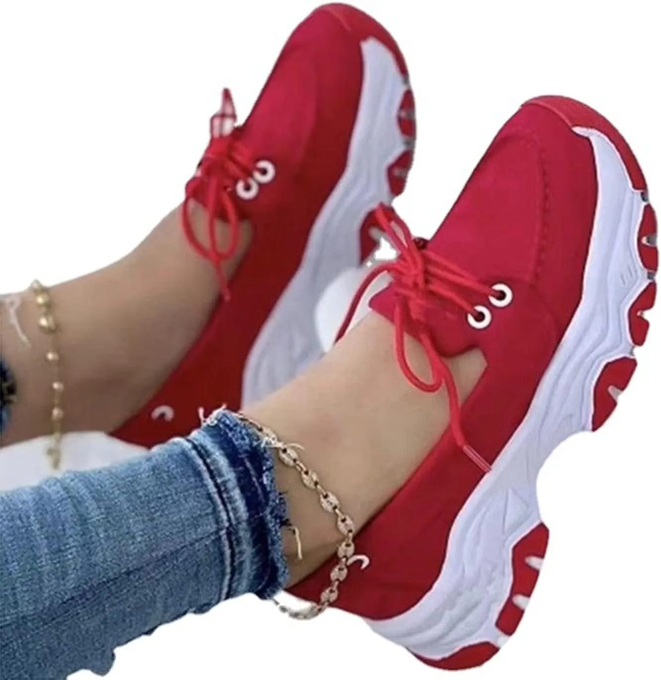 CANIAN 2023 Women's Platform lace-up Trainers, Breathable, Casual, Flat Running Shoes, Fashionable, Comfortable, Round Toe Single Shoes,Red,42