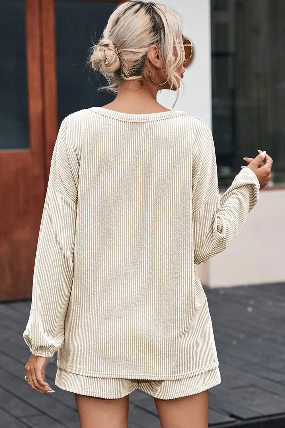 Chic Beige Ribbed Lounge Set with Casual Top and Pocketed Shorts