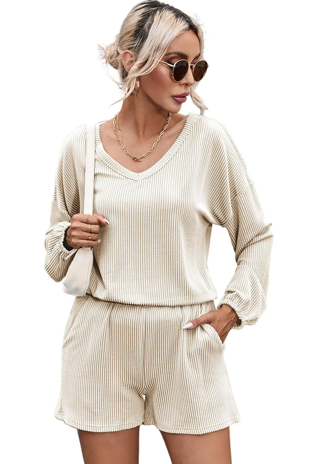 Chic Beige Ribbed Lounge Set with Casual Top and Pocketed Shorts