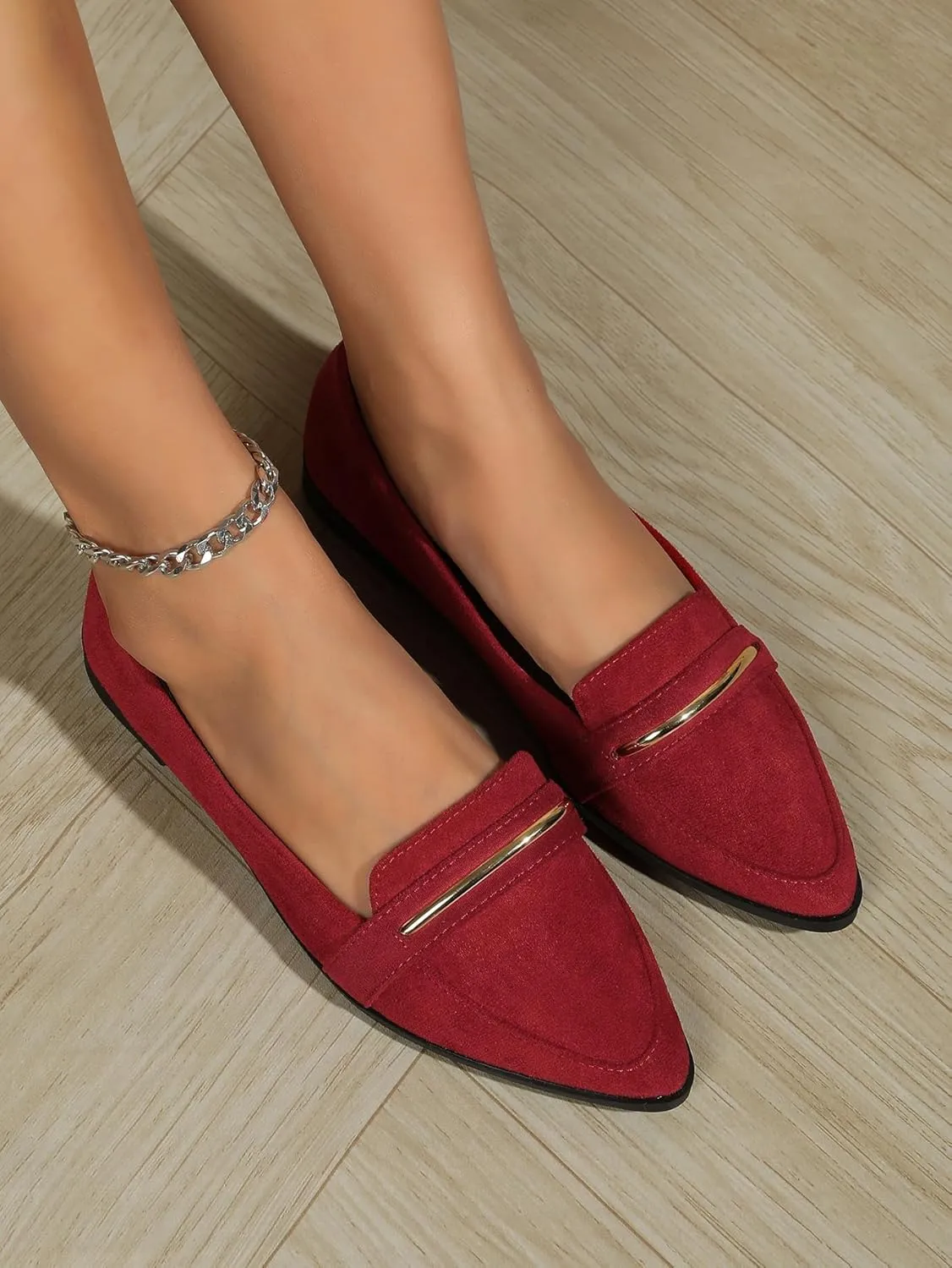 Comfortable Leather Suede Slip On Loafer Flats for Women Casual Work Flat Shoes Women's Pointed Toe Penny Loafers Office Driving Ballet Flats
