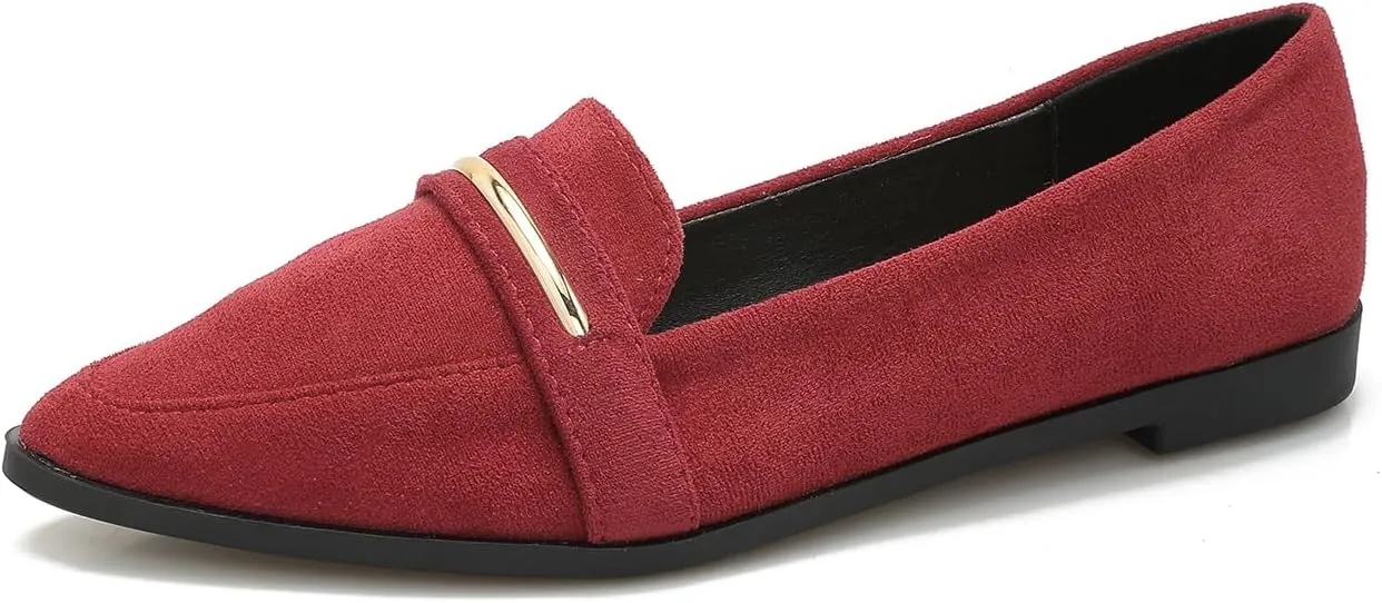 Comfortable Leather Suede Slip On Loafer Flats for Women Casual Work Flat Shoes Women's Pointed Toe Penny Loafers Office Driving Ballet Flats