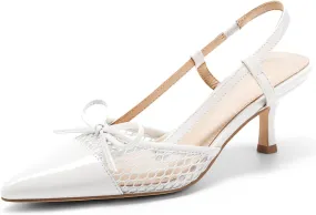 Coutgo Womens Bow Tie Slingback Pumps Pointed Toe Kitten Low Heel Patchwork Dress Heeled Sandals