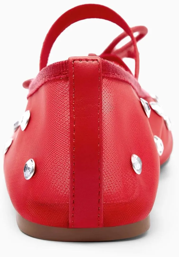 Coutgo Womens Mesh Ballet Flats Crystal Rhinestone Studded Comfortable Mary Jane Dress Shoes