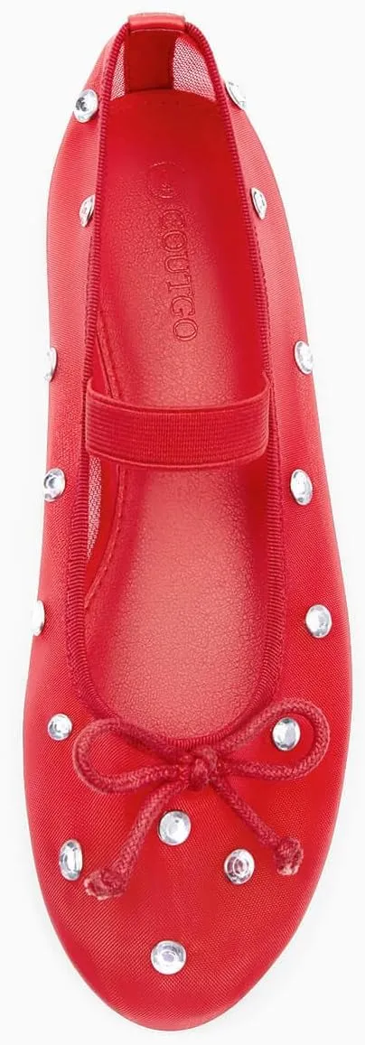 Coutgo Womens Mesh Ballet Flats Crystal Rhinestone Studded Comfortable Mary Jane Dress Shoes