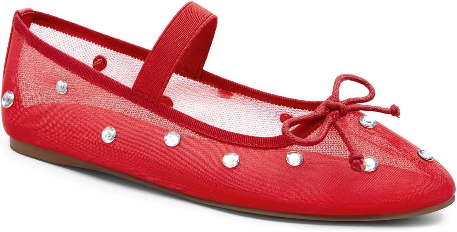 Coutgo Womens Mesh Ballet Flats Crystal Rhinestone Studded Comfortable Mary Jane Dress Shoes