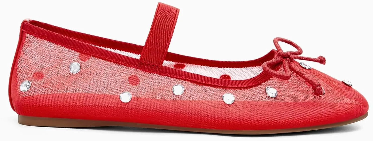 Coutgo Womens Mesh Ballet Flats Crystal Rhinestone Studded Comfortable Mary Jane Dress Shoes