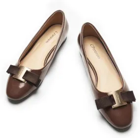C.Paravano Women's Ballet Flats | Round Toe Bow Accent Shoes with Metallic Buckle | Soft Leather Slip-Ons for Work Commute, Office & Date Nights，Evening Events, Business Travel & Dating