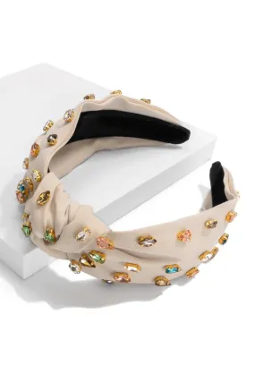 Cream Rhinestone Studded Knotted Headband