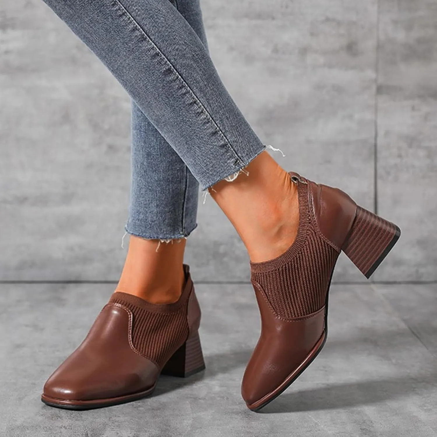 Crzidha Heeled Ankle Booties for Women,Stylish Patchwork Leather Ankle Boots Waterproof Leather Square Toe Chelsea Ankle Booties Formal Business Slip On Block Heel Ankle Boots
