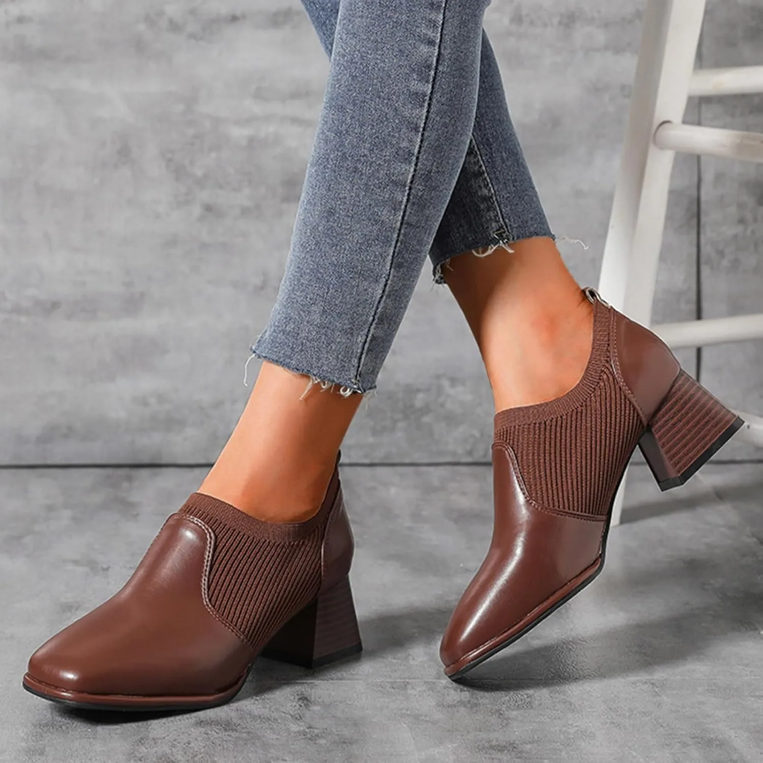 Crzidha Heeled Ankle Booties for Women,Stylish Patchwork Leather Ankle Boots Waterproof Leather Square Toe Chelsea Ankle Booties Formal Business Slip On Block Heel Ankle Boots