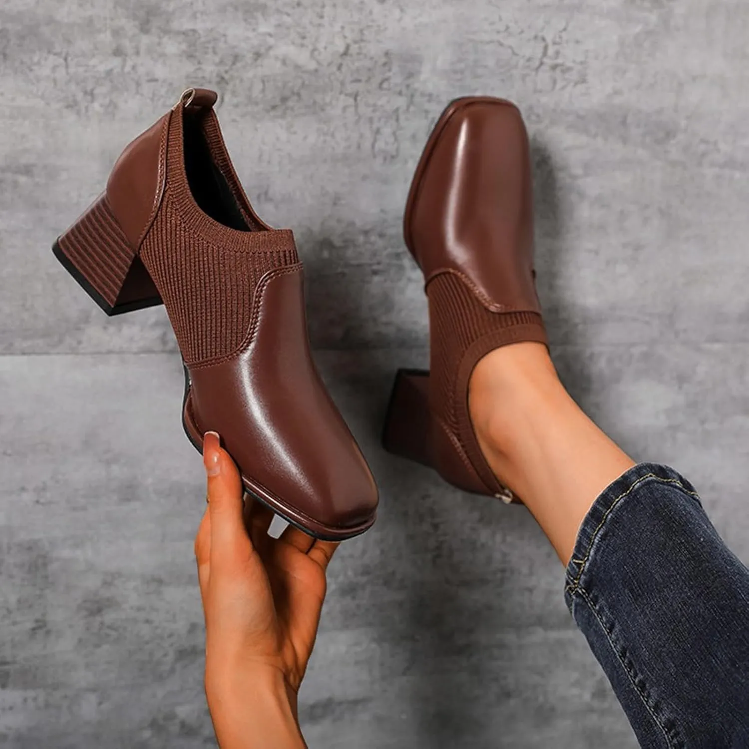 Crzidha Heeled Ankle Booties for Women,Stylish Patchwork Leather Ankle Boots Waterproof Leather Square Toe Chelsea Ankle Booties Formal Business Slip On Block Heel Ankle Boots