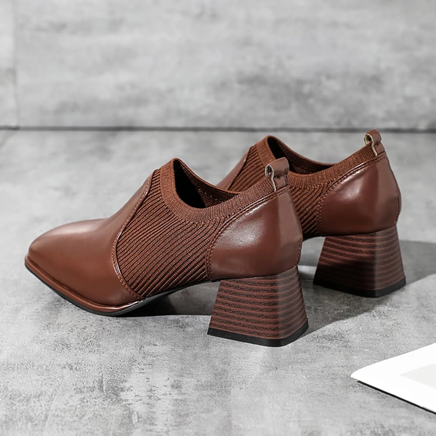 Crzidha Heeled Ankle Booties for Women,Stylish Patchwork Leather Ankle Boots Waterproof Leather Square Toe Chelsea Ankle Booties Formal Business Slip On Block Heel Ankle Boots