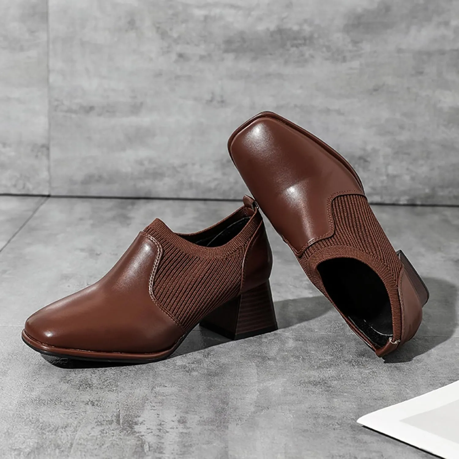 Crzidha Heeled Ankle Booties for Women,Stylish Patchwork Leather Ankle Boots Waterproof Leather Square Toe Chelsea Ankle Booties Formal Business Slip On Block Heel Ankle Boots