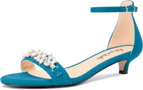 DearOnly Womens Low Kitten Heel Peep Open Toe Ankle Strap Sandals Rhinestone Crystal Buckle Office Summer Dress 1.4 Inches Heels
