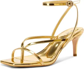 DearOnly Womens Square Toe Thong Strappy Kitten Heels Ankle Strap Party Dress Shoes Mid Heel Sandals 2.6 Inches Heels