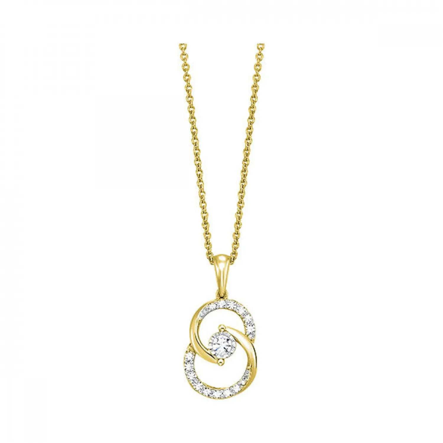 Diamond Double Circle Interlock Pendant Necklace set in Yellow Gold, 0.25 cttw