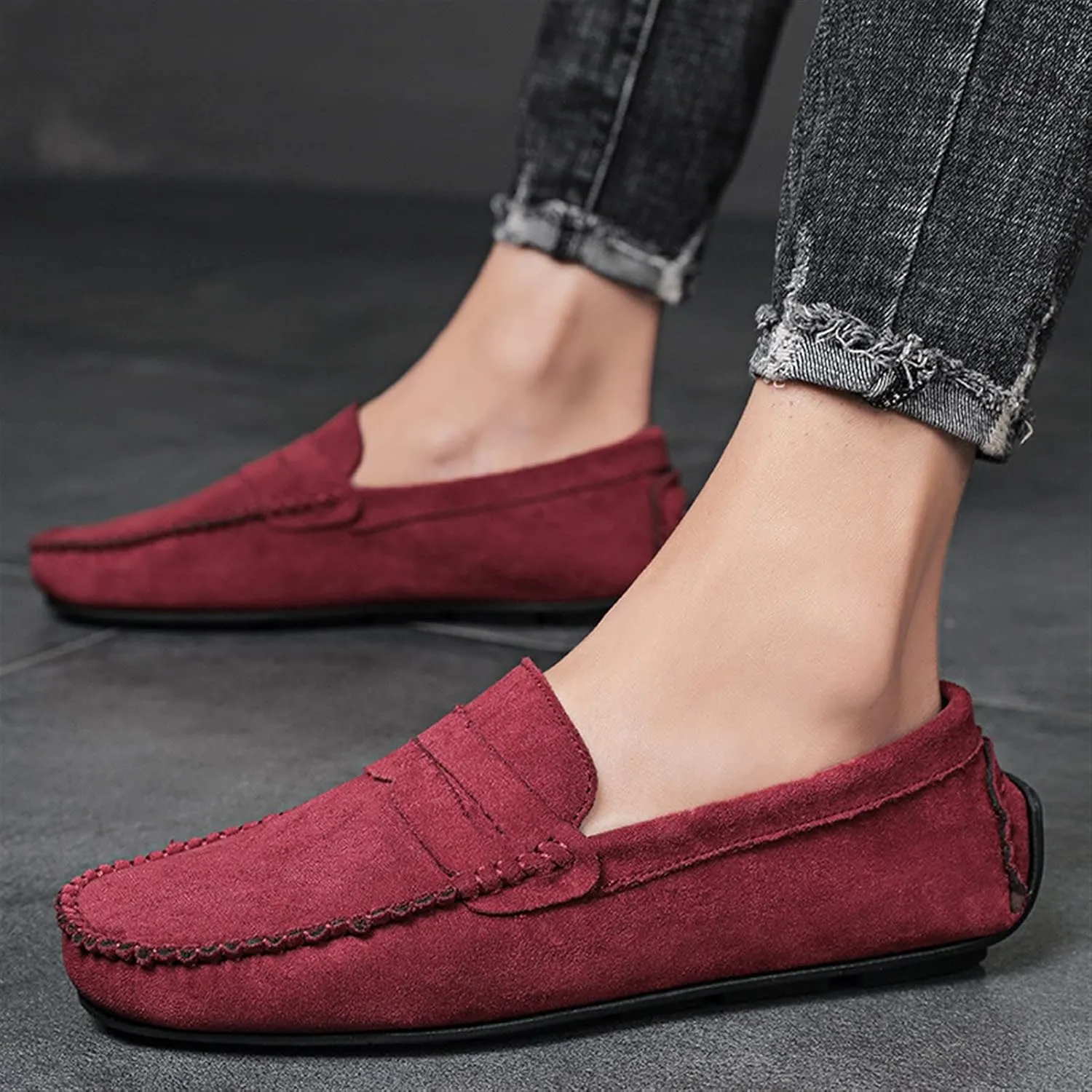 Driving Moccasins for Men Suede Vamp Penny Loafer Stitching Details Round Toe Comfortable Flexible Resistant Casual Slip On for Any Attire
