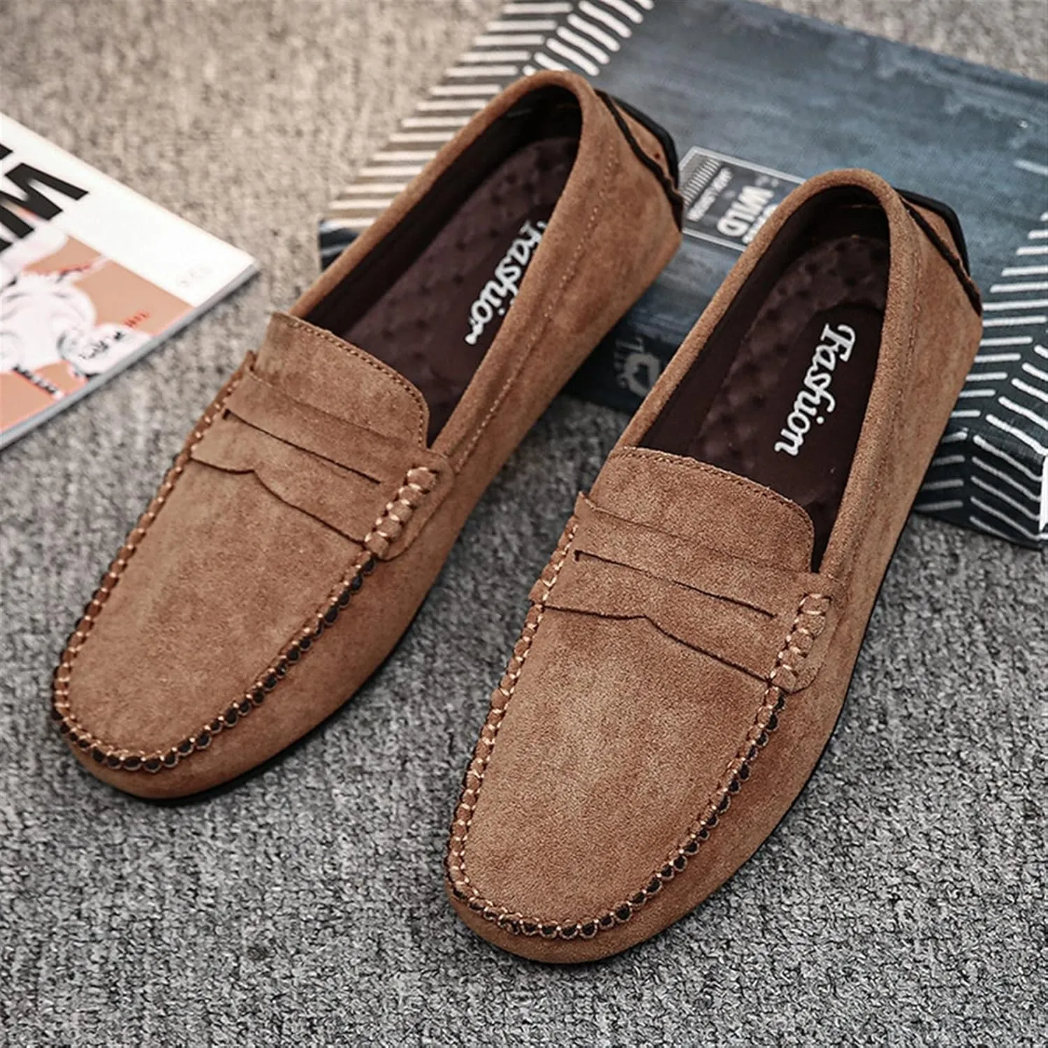 Driving Moccasins for Men Suede Vamp Penny Loafer Stitching Details Round Toe Comfortable Flexible Resistant Casual Slip On for Any Attire