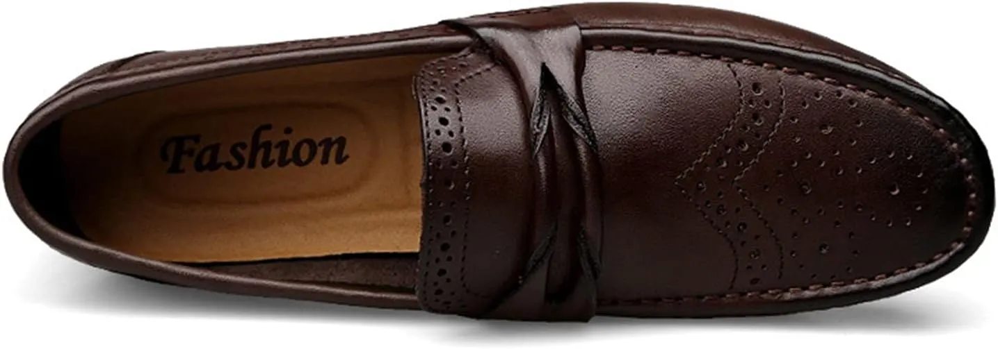 Driving Moccasins Loafer Shoes for Men Brogue Wing Tip Genuine Leather Round Toe Resistant Flexible Flat Heel Comfortable Driving Slip On for Any Attire