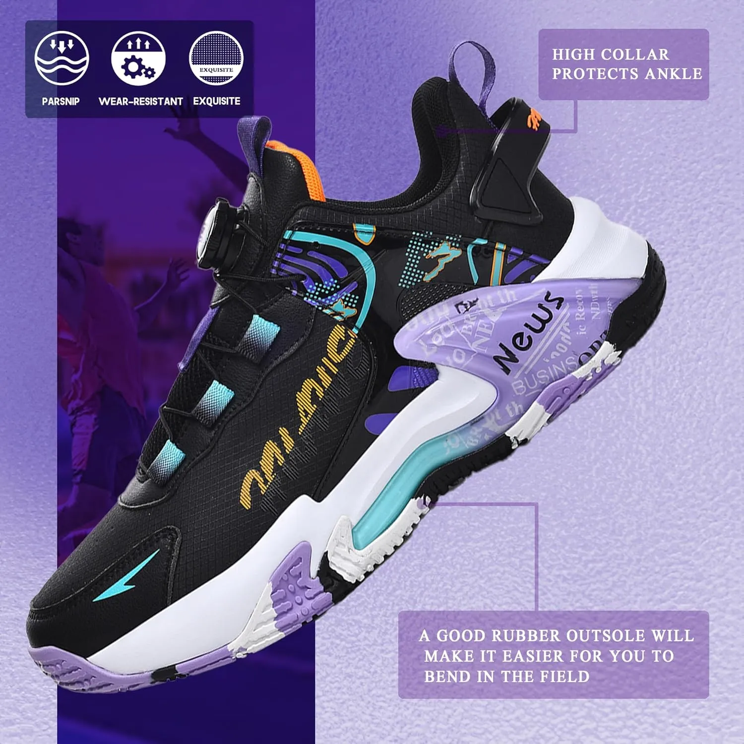 Fashionable Knob Basketball Shoes - Durable Anti-Slip Sole | Comfortable Cushioning | Multi-Sport & Casual Sneakers(Black Purple,7)