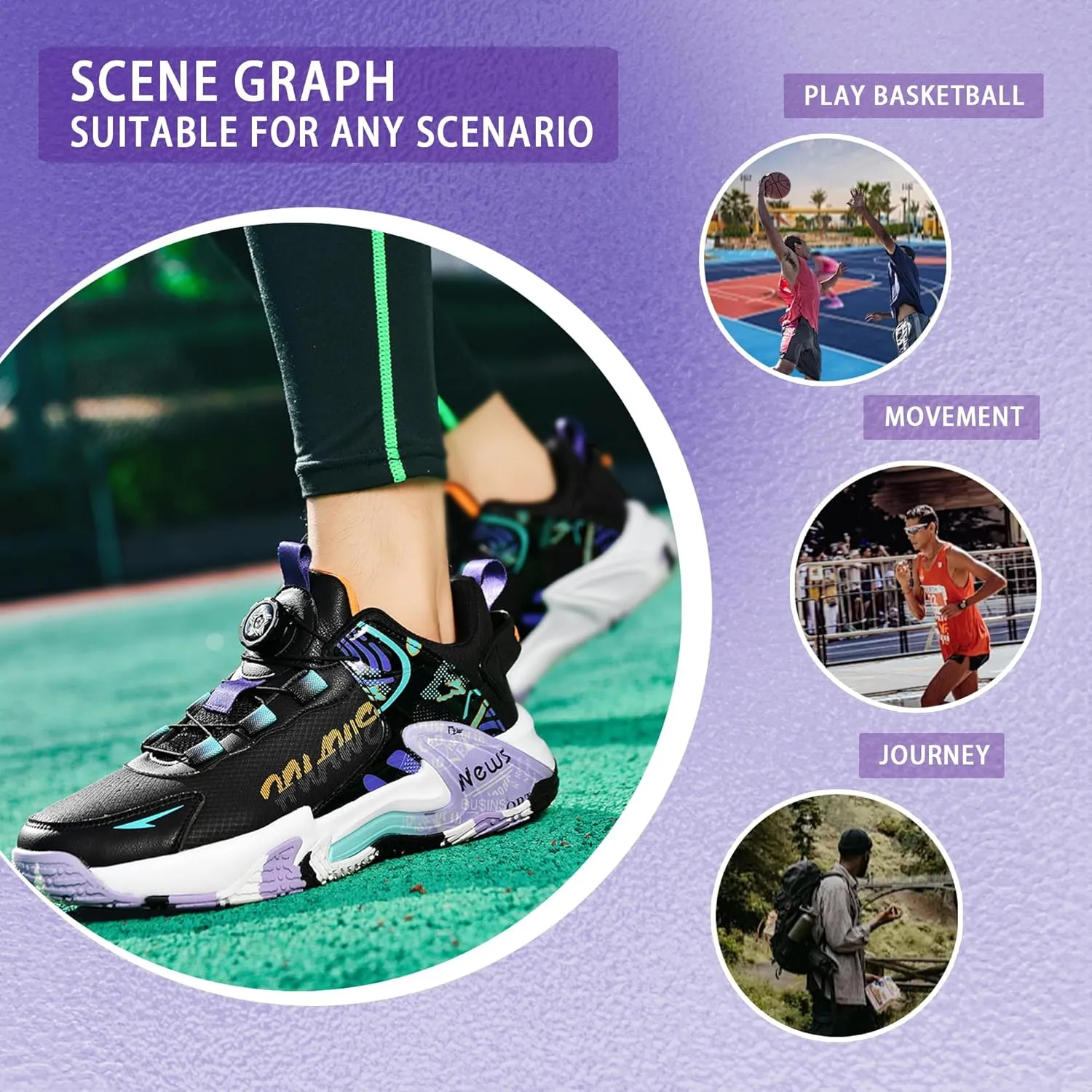 Fashionable Knob Basketball Shoes - Durable Anti-Slip Sole | Comfortable Cushioning | Multi-Sport & Casual Sneakers(Black Purple,7)