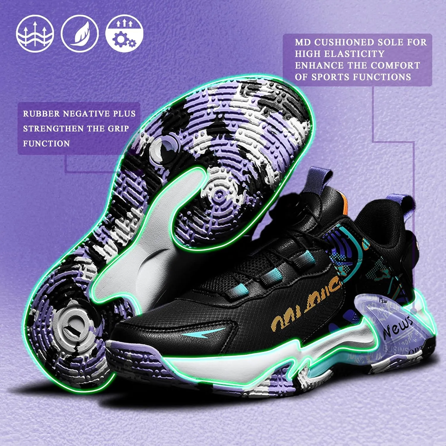 Fashionable Knob Basketball Shoes - Durable Anti-Slip Sole | Comfortable Cushioning | Multi-Sport & Casual Sneakers(Black Purple,7)