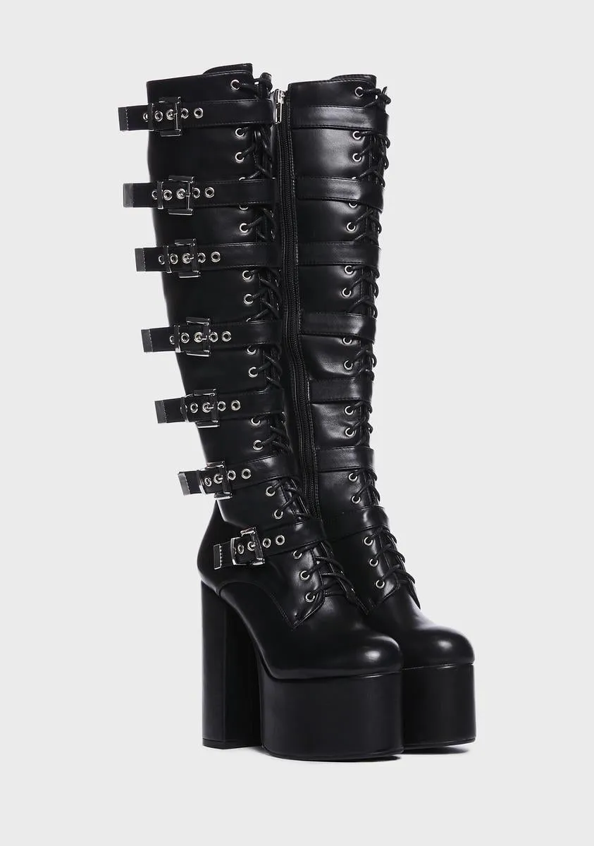 Gravity Platform Knee High Buckled Boots