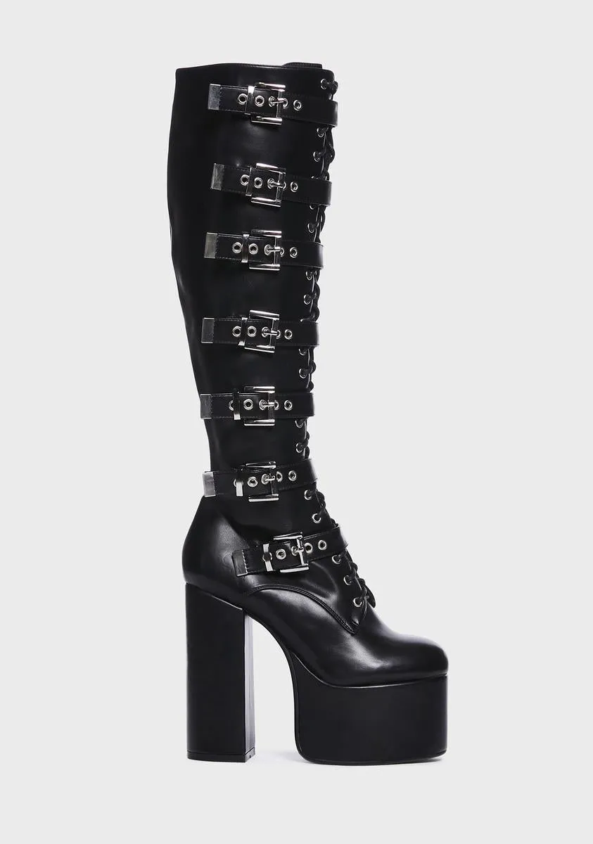 Gravity Platform Knee High Buckled Boots